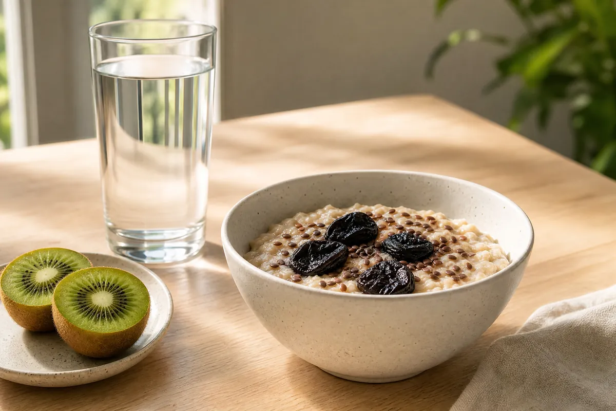 Frühstück mit Haferflocken, Pflaumen und Wasser