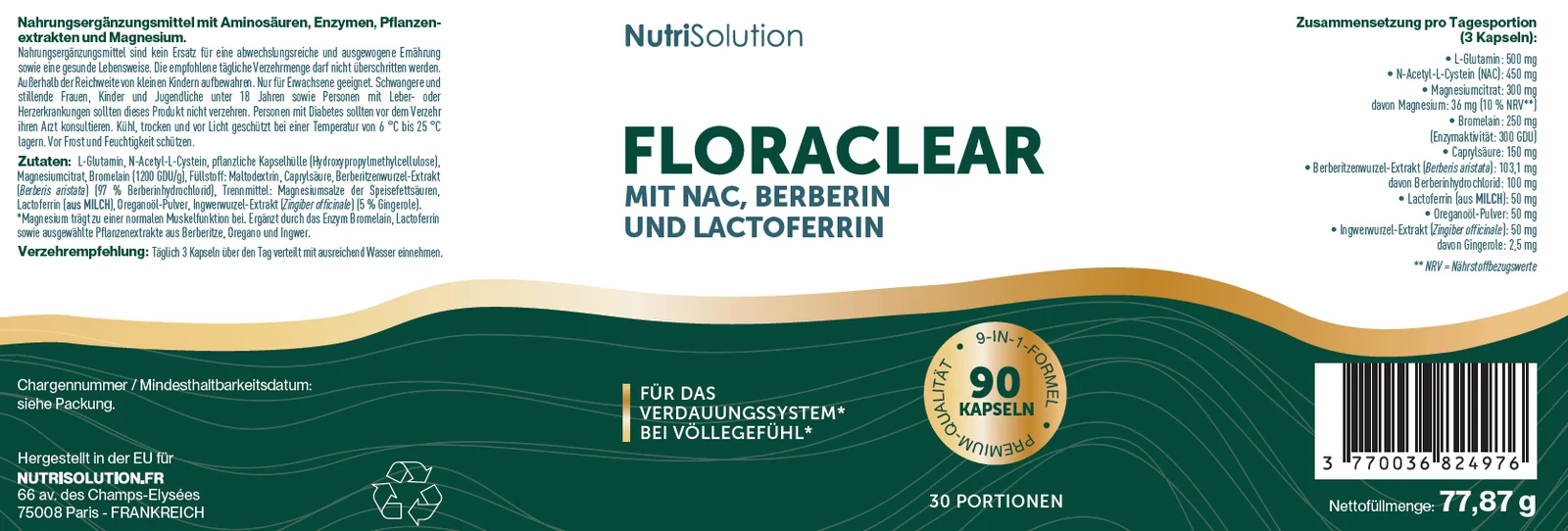 Offizielles Etikett von FloraClear mit Zusammensetzung pro Tagesportion