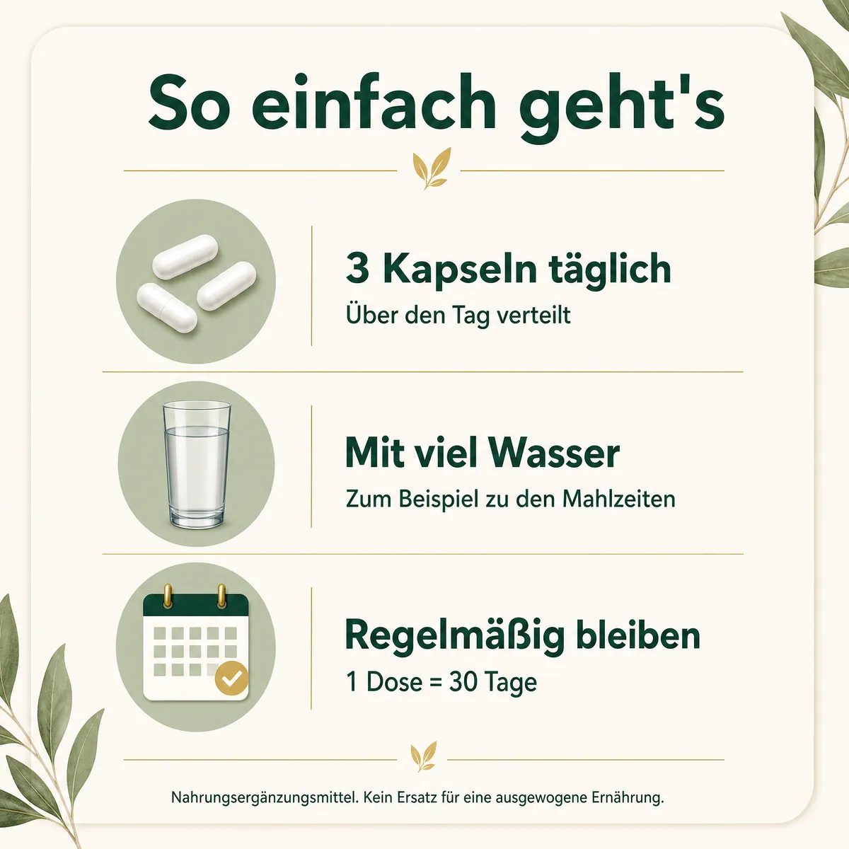 FloraClear Einnahme: 3 Kapseln täglich mit viel Wasser, über den Tag verteilt