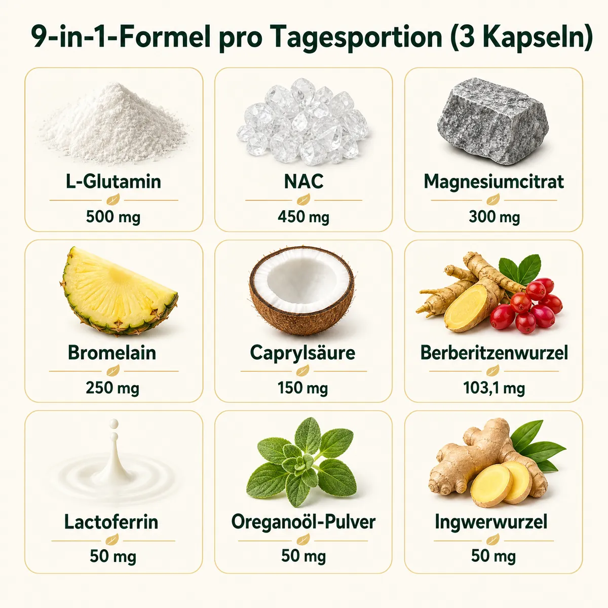 9-in-1-Formel von FloraClear: die neun Inhaltsstoffe pro Tagesportion im Überblick