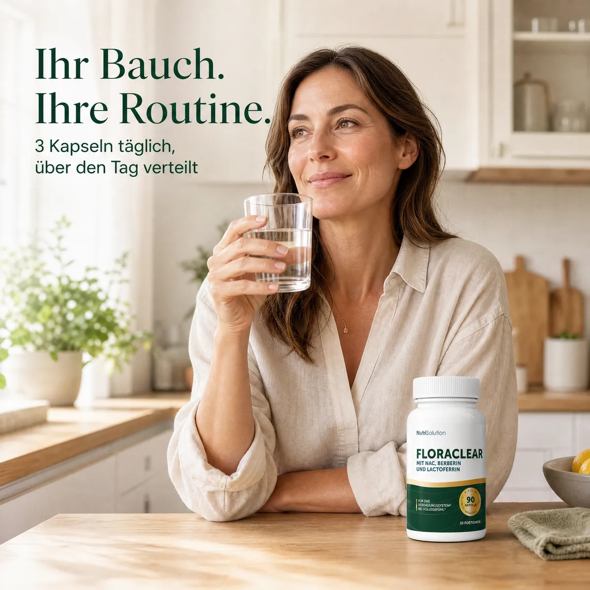 FloraClear im Alltag: 3 Kapseln täglich, über den Tag verteilt