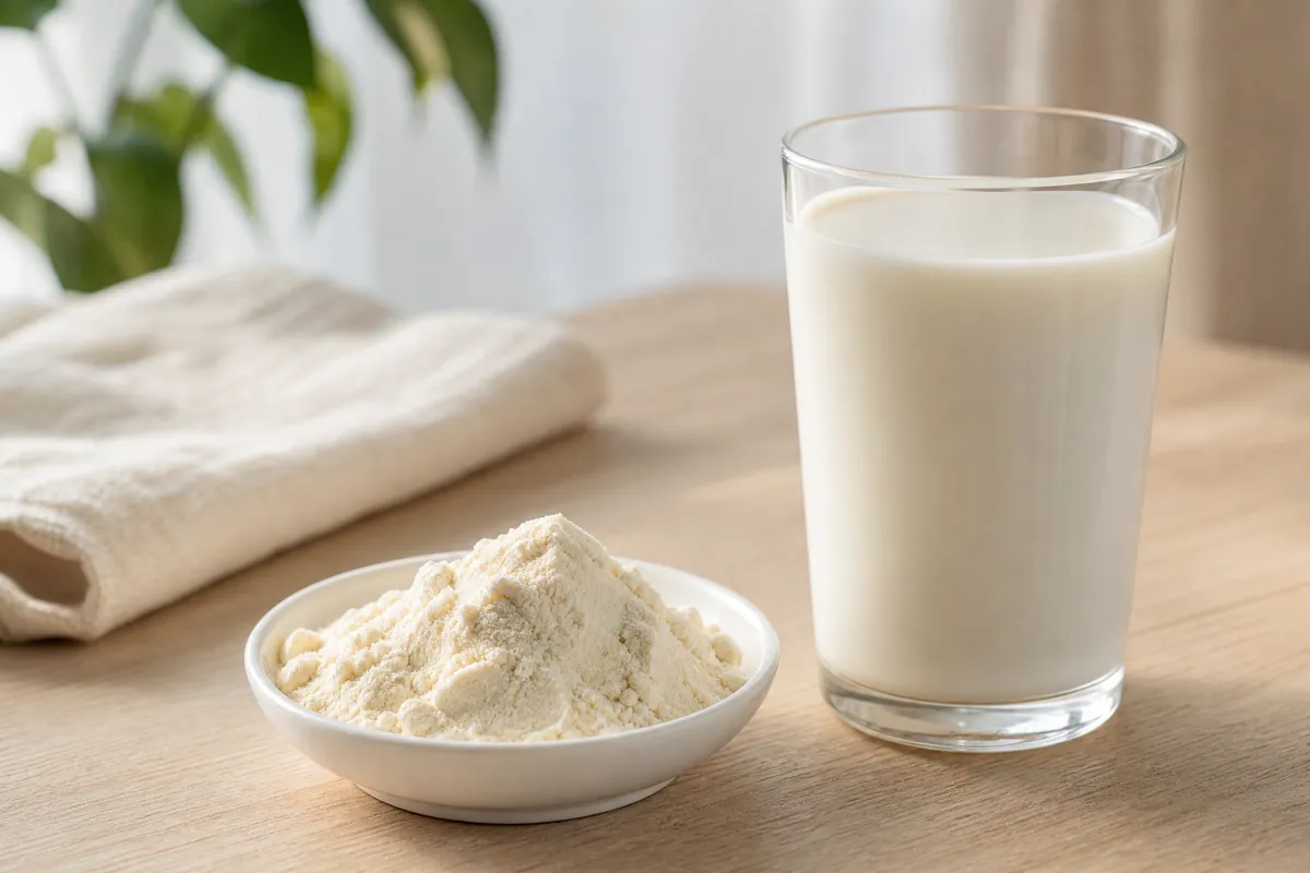 Lactoferrin als Pulver neben einem Glas Milch